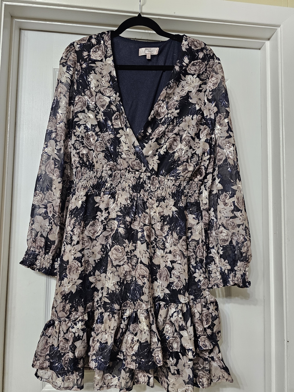 Smocked Waist Floral Faux Wrap Midi Dress in Black and Cream
